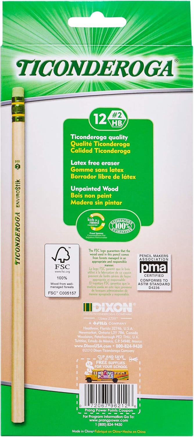 Ticonderoga EnviroStik. No. 2 Soft. Six 12-Count Hang Tab Boxes. Total 72 Pencils. (Wood-Cased Black Writing). Made from Recycled Content. 100% Recyclable (96212)
