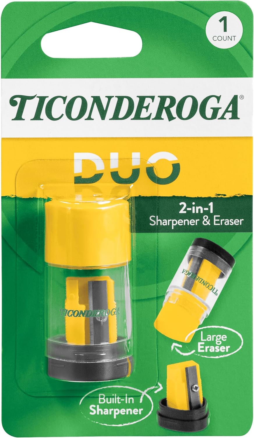 Ticonderoga Duo 2-in-1 Pencil Sharpener & Eraser. Yellow. 6 Count