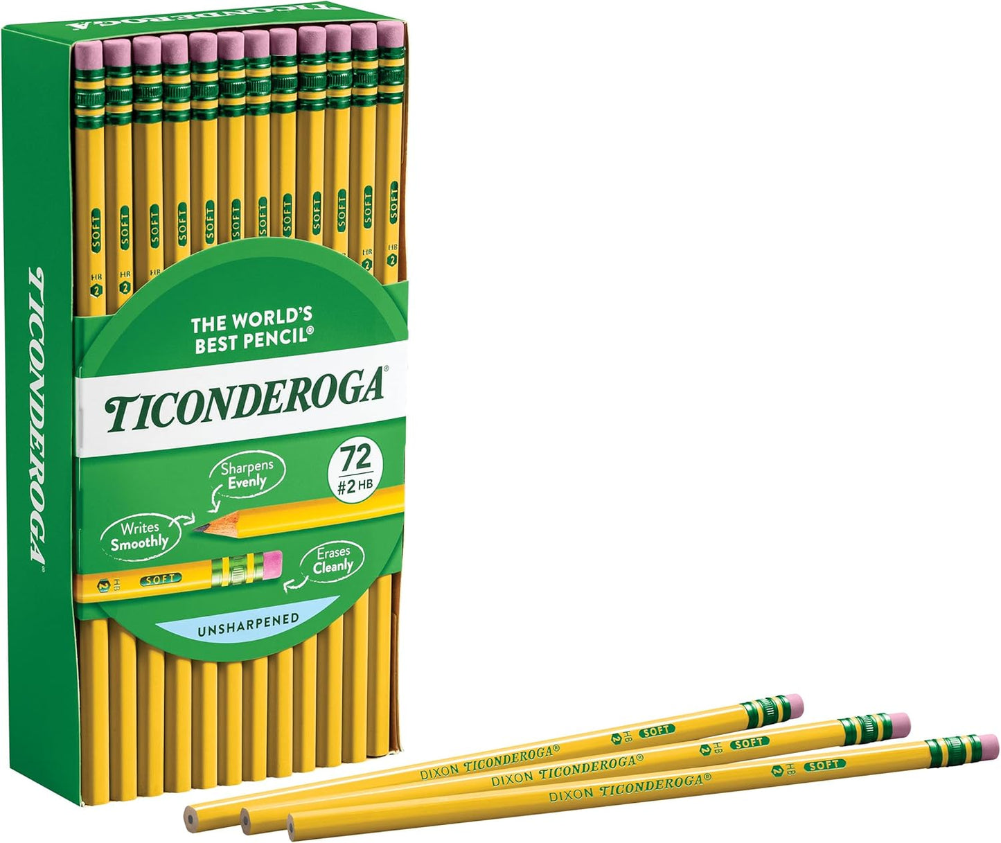 Ticonderoga Wood-Cased Pencils. Unsharpened. 2 HB Soft. Yellow. 72 Count