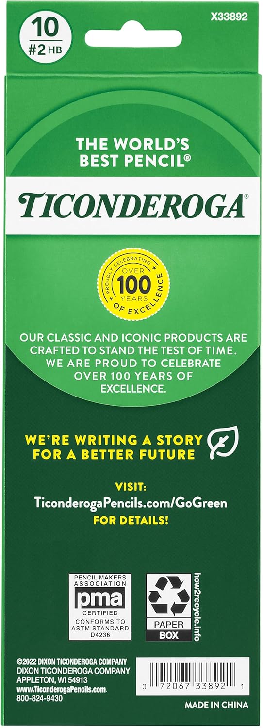 Ticonderoga Wood-Cased Pencils. Pre-Sharpened. 2 HB Soft. Yellow. 10 Count