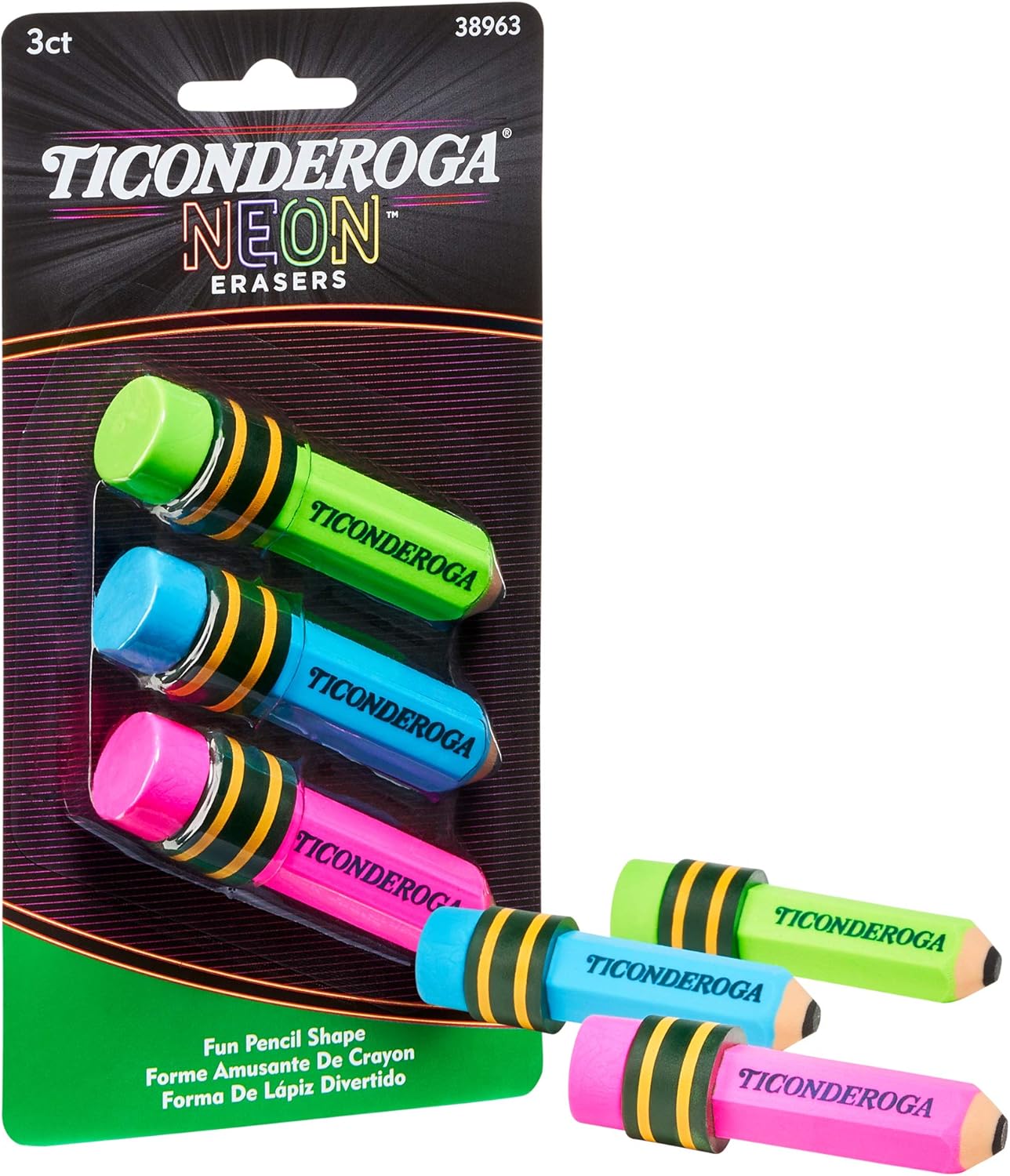 Ticonderoga Pencil Shaped Erasers. Neon Colors. 3 Count