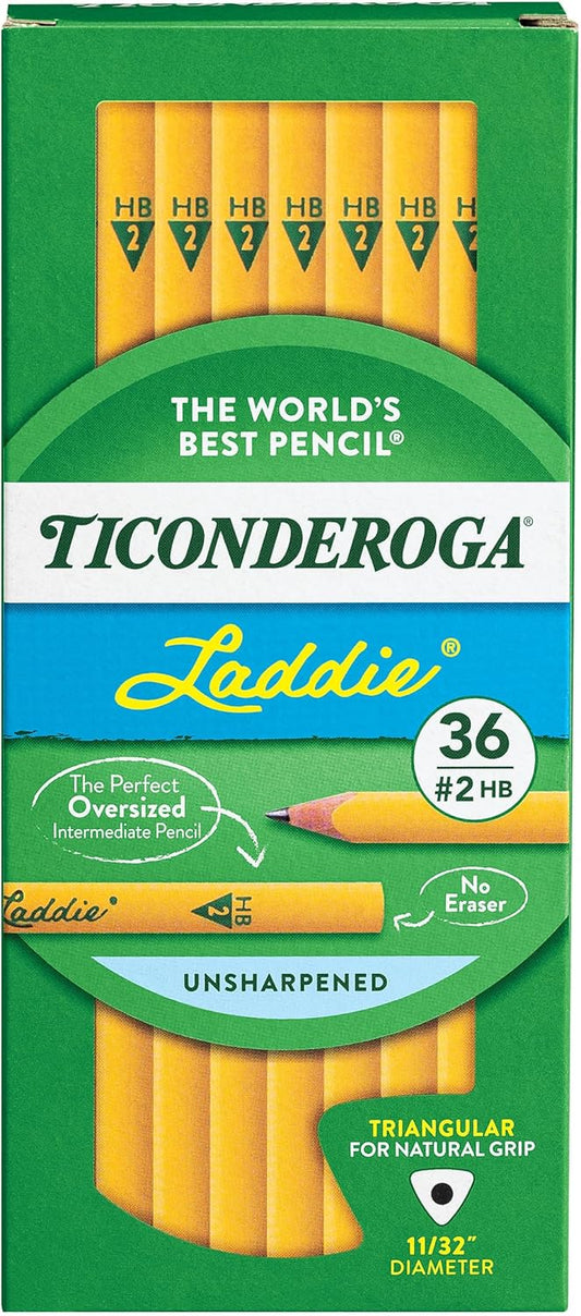 Ticonderoga Laddie Tri-Write Pencils. Wood-Cased #2 HB Soft. Intermediate Size Triangular without Eraser. Yellow. 36-Pack (13044)