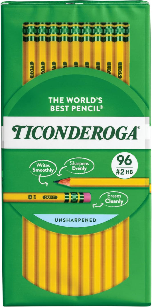 Ticonderoga Wood-Cased Pencils. Unsharpened. #2 HB Soft. Yellow. 96 Count