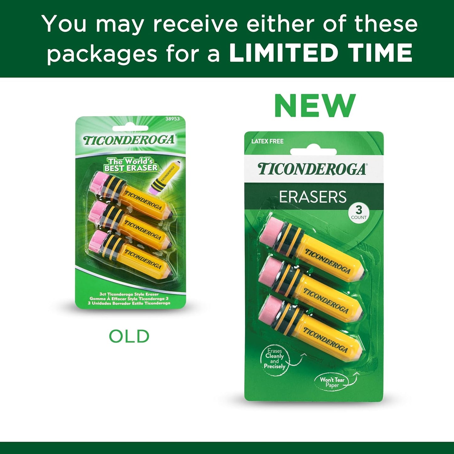 TICONDEROGA ? Erasers. Pencil Shaped. Yellow. 3 ct (38953)
