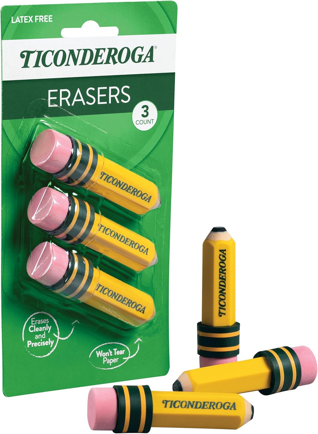 TICONDEROGA ? Erasers. Pencil Shaped. Yellow. 3 ct (38953)