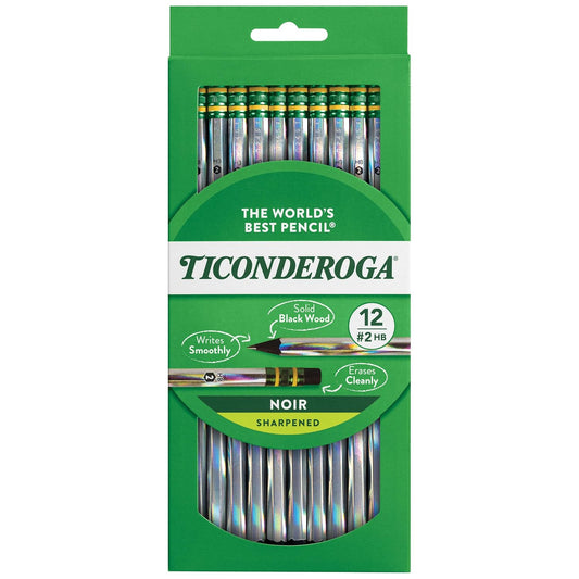 Ticonderoga Noir Black Wood-Cased #2 Pencils. Holographic Design. 12 Count