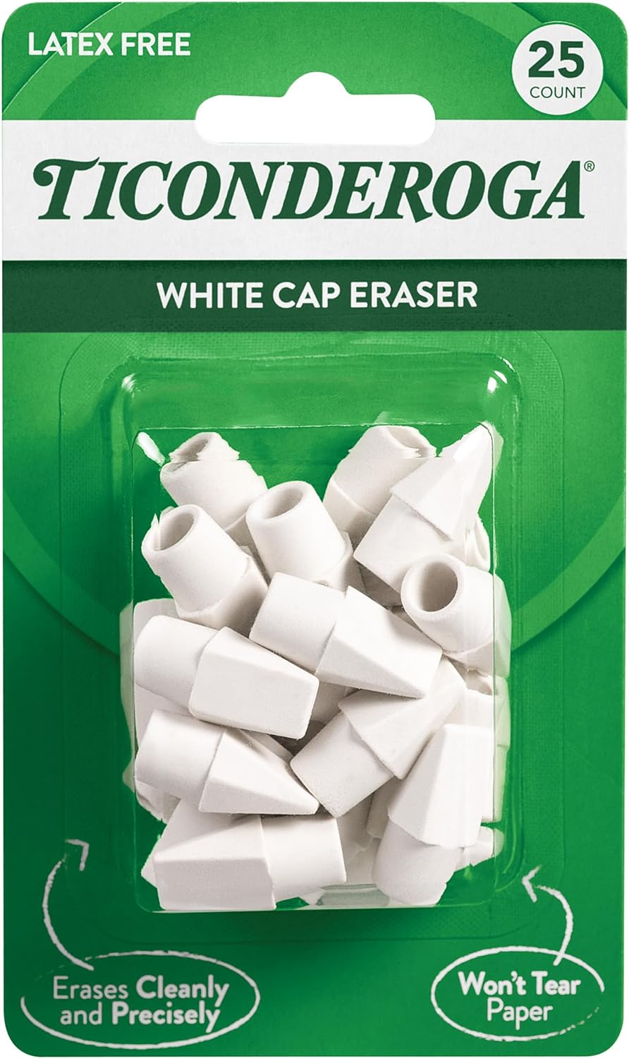 Ticonderoga Pencil Cap Erasers. White. 25 Count. 6 Packs (X38025)
