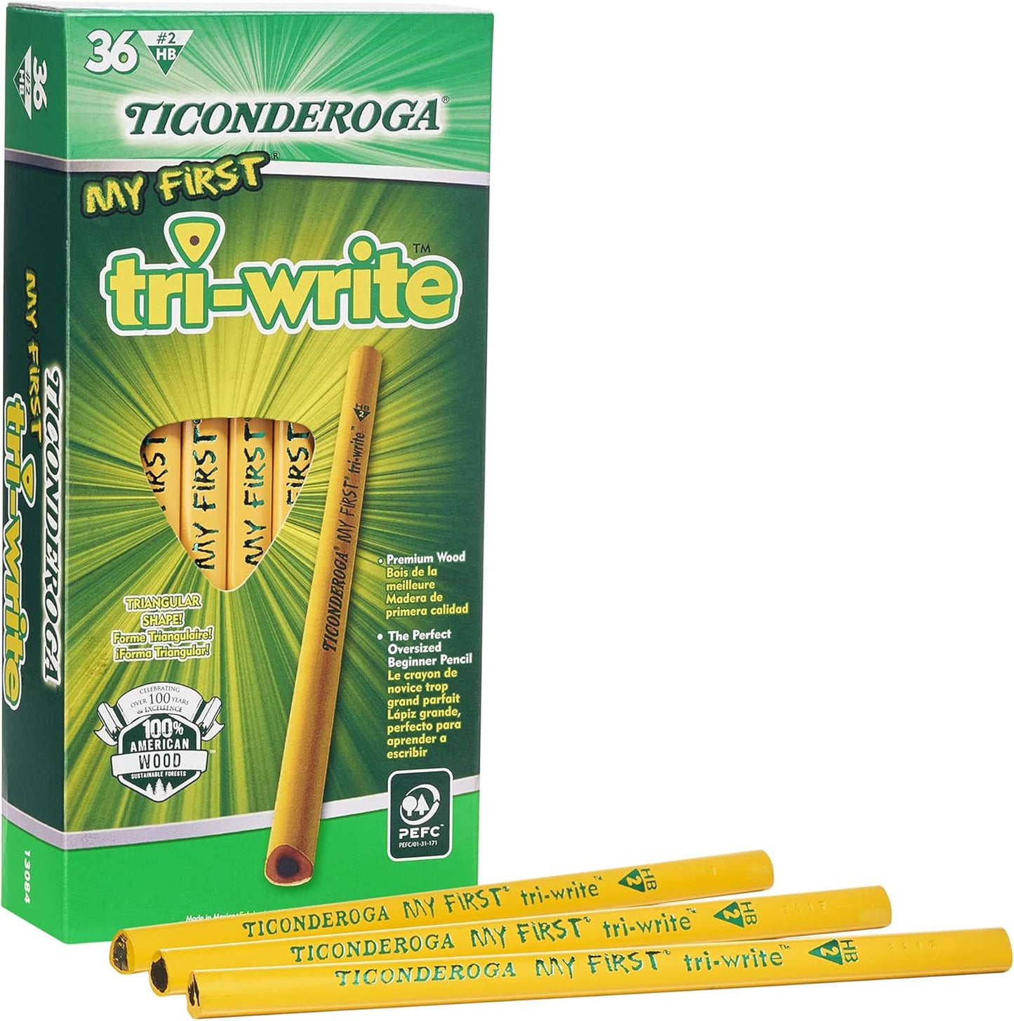 Ticonderoga My First Tri-Write Wood-Cased Pencils. Unsharpened. 2 HB Soft. Without Erasers. Yellow. 36 Count
