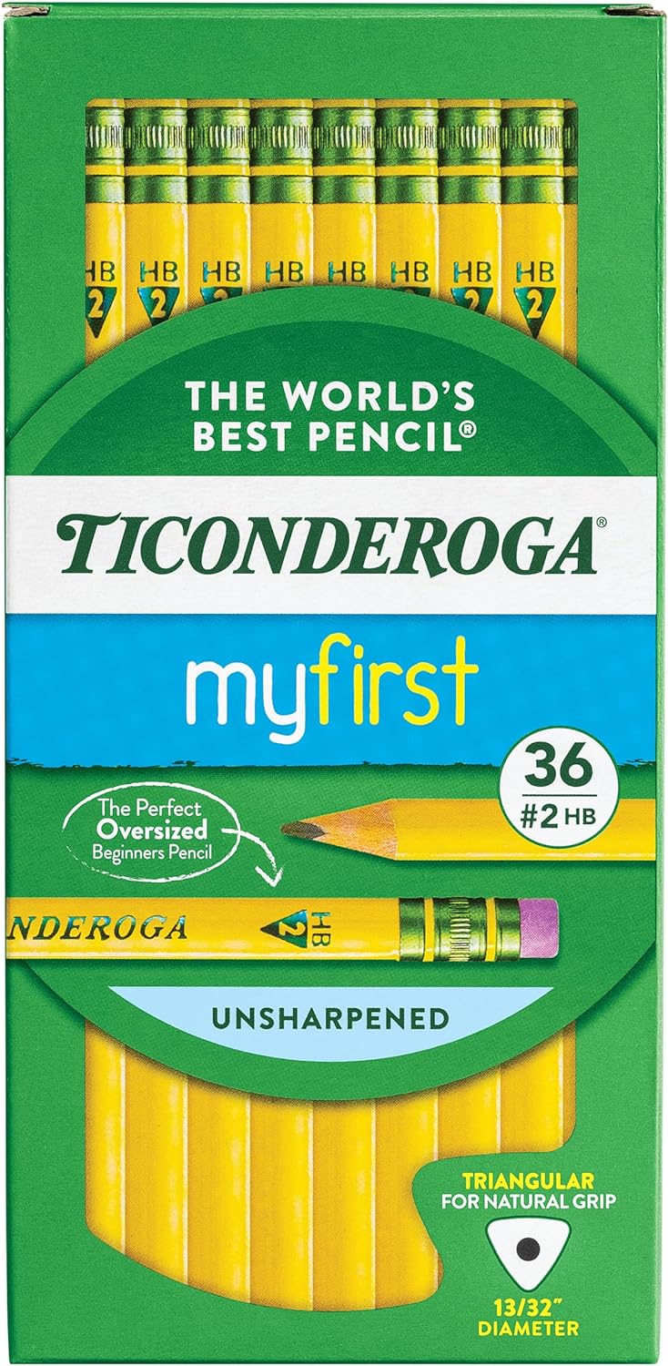 Ticonderoga My First Tri-Write Wood-Cased Pencils. Unsharpened. 2 HB Soft. With Erasers. Yellow. 36 Count