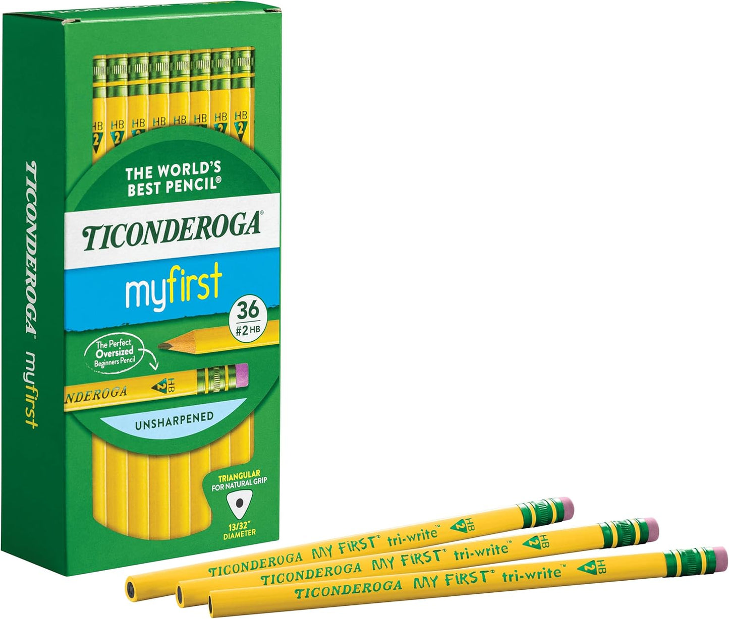 Ticonderoga My First Tri-Write Wood-Cased Pencils. Unsharpened. 2 HB Soft. With Erasers. Yellow. 36 Count