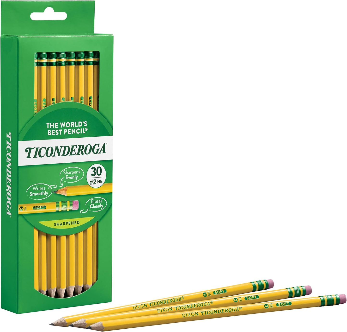 Ticonderoga Wood-Cased Pencils. Pre-Sharpened. 2 HB Soft. Yellow. 30 Count. 6 Packs/180 Count Total