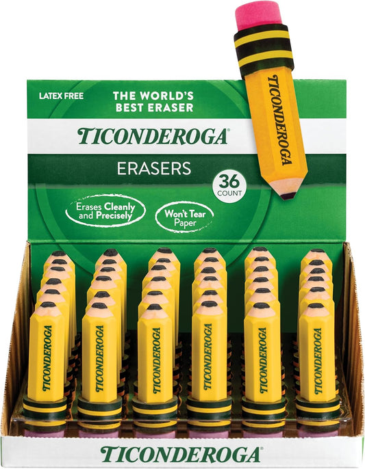 TICONDEROGA Erasers. Pencil Shaped. Yellow. 36-Pack (38936)