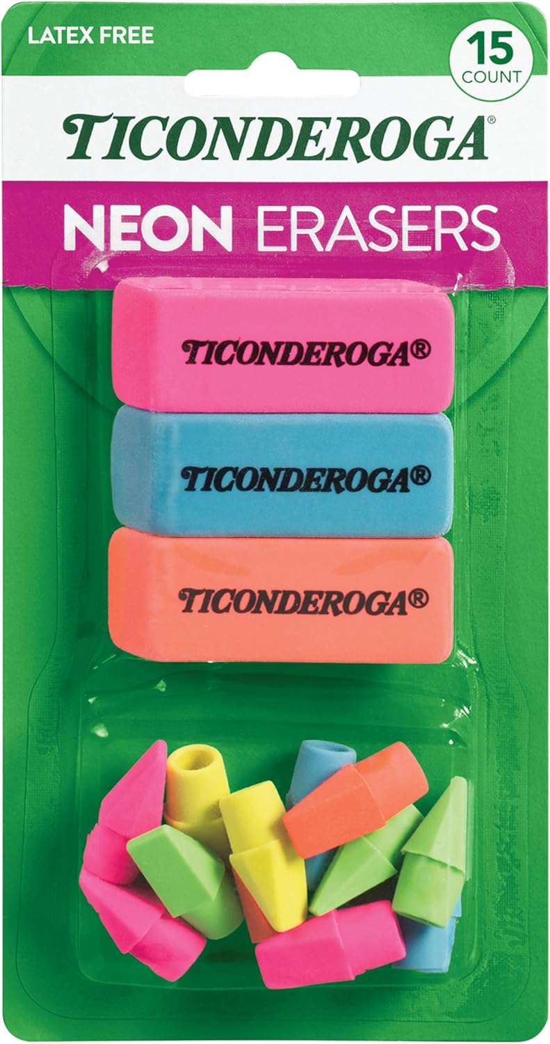 Ticonderoga Erasers. Neon. 15 Count (Pack of 8) (38931SP)