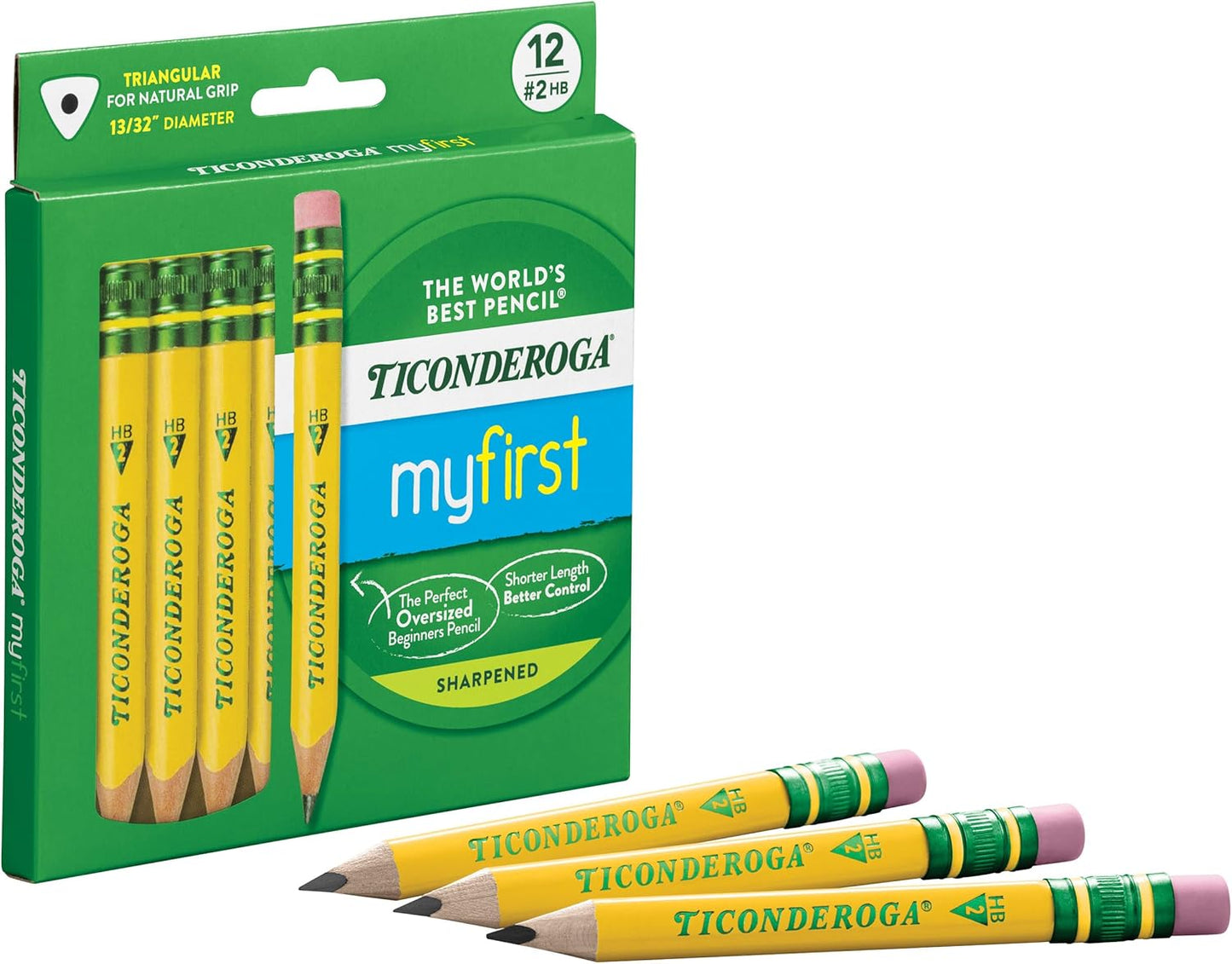 Ticonderoga My First Short Triangular Wood-Cased Pencils. #2 HB Soft. With Erasers. Yellow. 12 Count