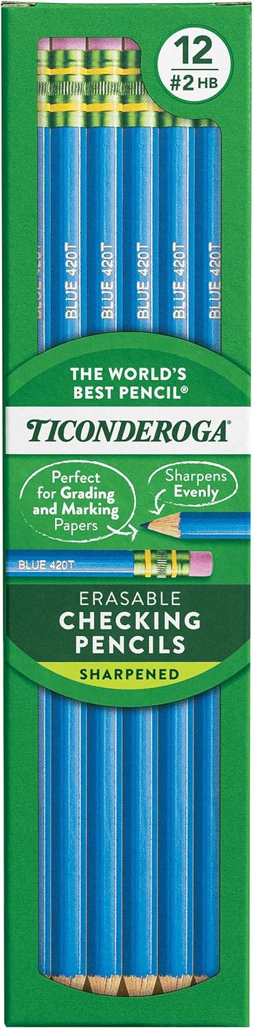 Ticonderoga Erasable Checking Wood-Cased Pencils. Pre-Sharpened. Blue. 12 Count