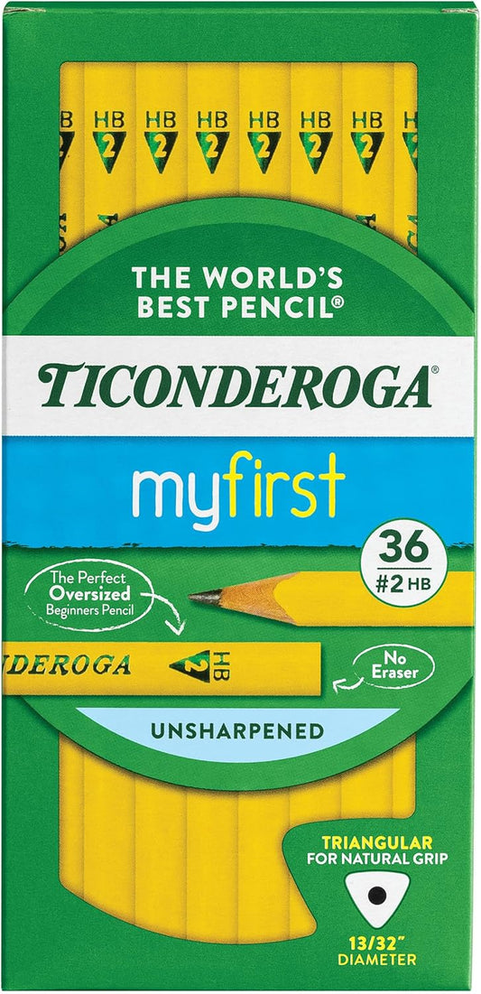 Ticonderoga My First Tri-Write Wood-Cased Pencils. Unsharpened. 2 HB Soft. Without Erasers. Yellow. 36 Count
