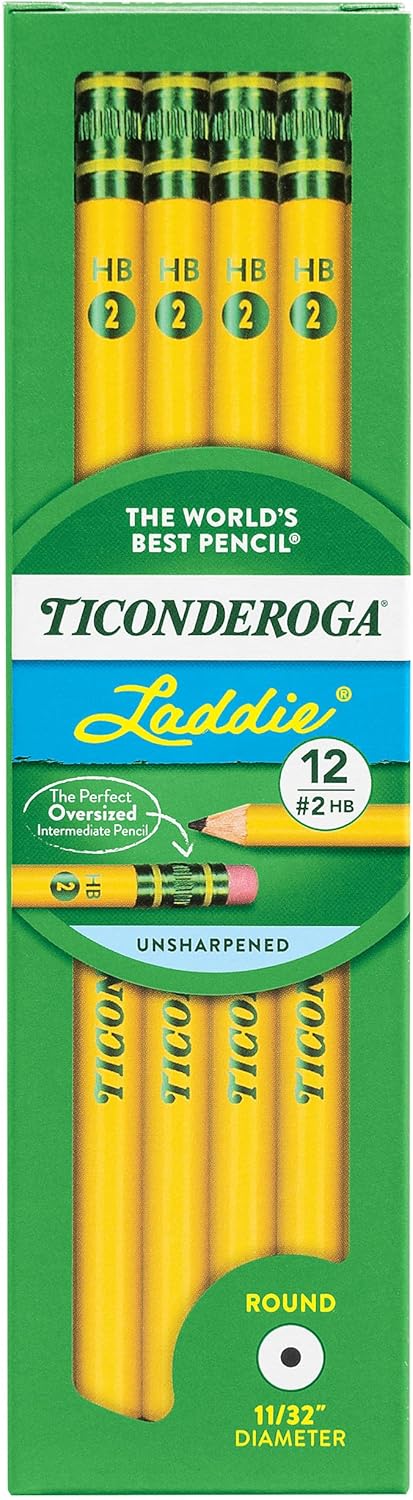 Ticonderoga Laddie Wood-Cased Pencils. 2 HB Soft. With Erasers. Yellow. 12 Count