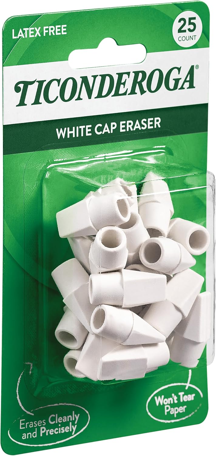 Ticonderoga Pencil Cap Erasers. White. 25 Count. 6 Packs (X38025)