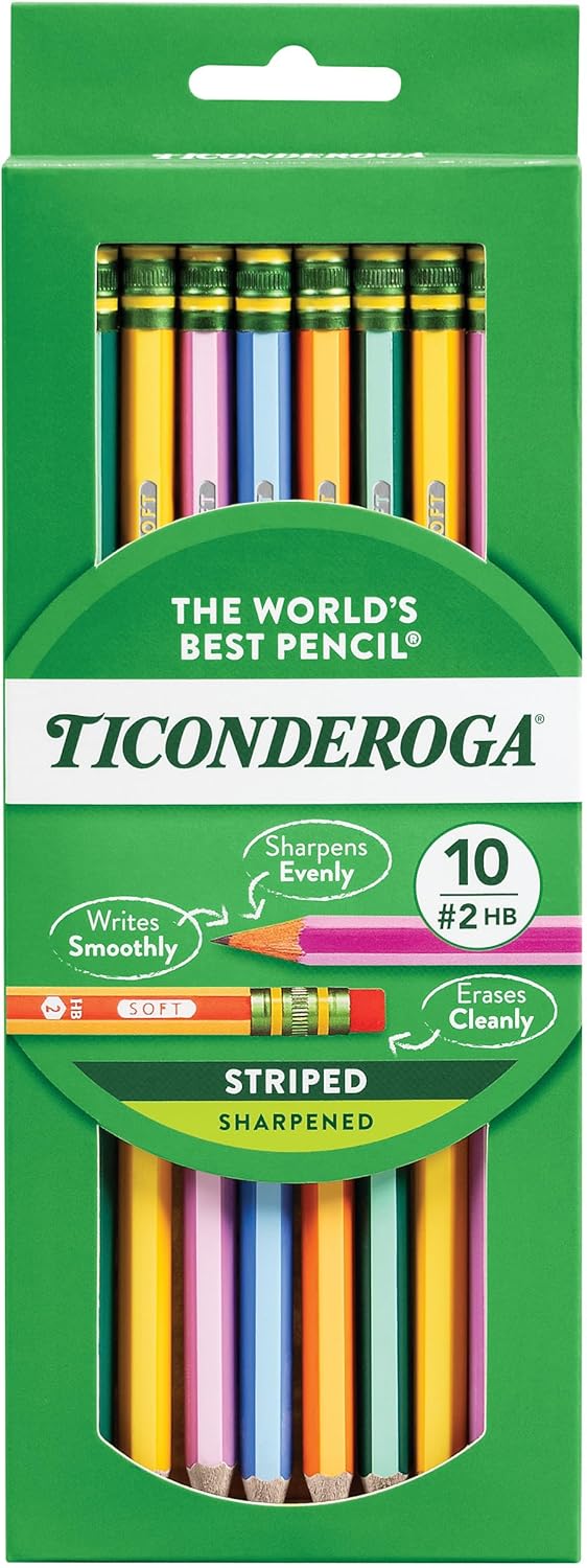 Ticonderoga X13910 Striped Wood-Cased Pencils. 2 HB Soft. Pre-Sharpened. 10 Count. Assorted Colors