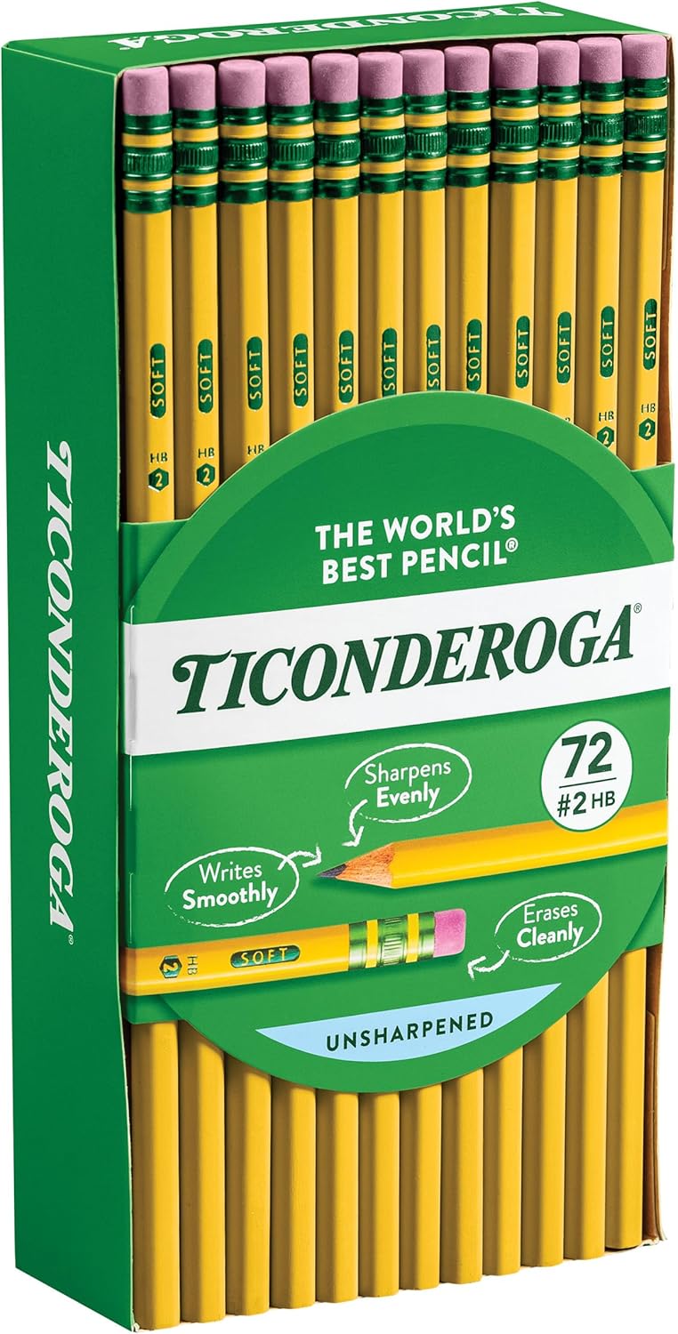 Ticonderoga Wood-Cased Pencils. Unsharpened. 2 HB Soft. Yellow. 72 Count