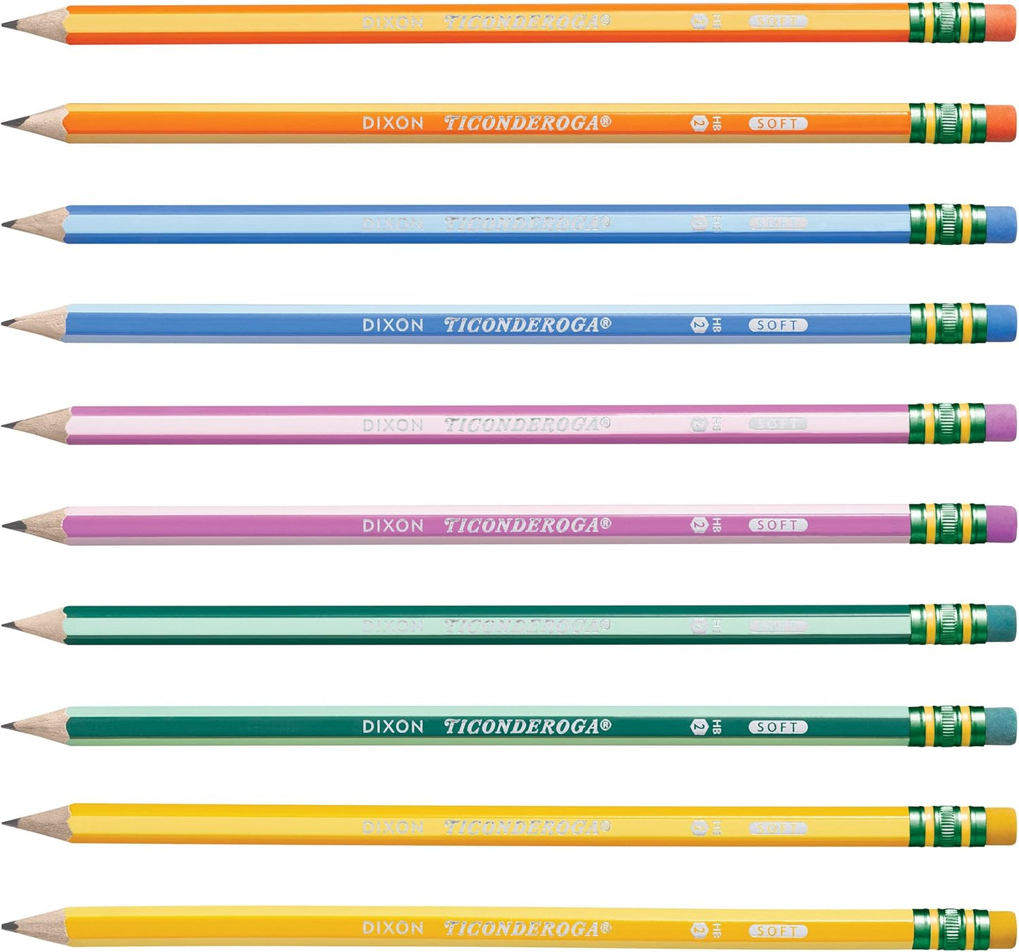 Ticonderoga X13910 Striped Wood-Cased Pencils. 2 HB Soft. Pre-Sharpened. 10 Count. Assorted Colors