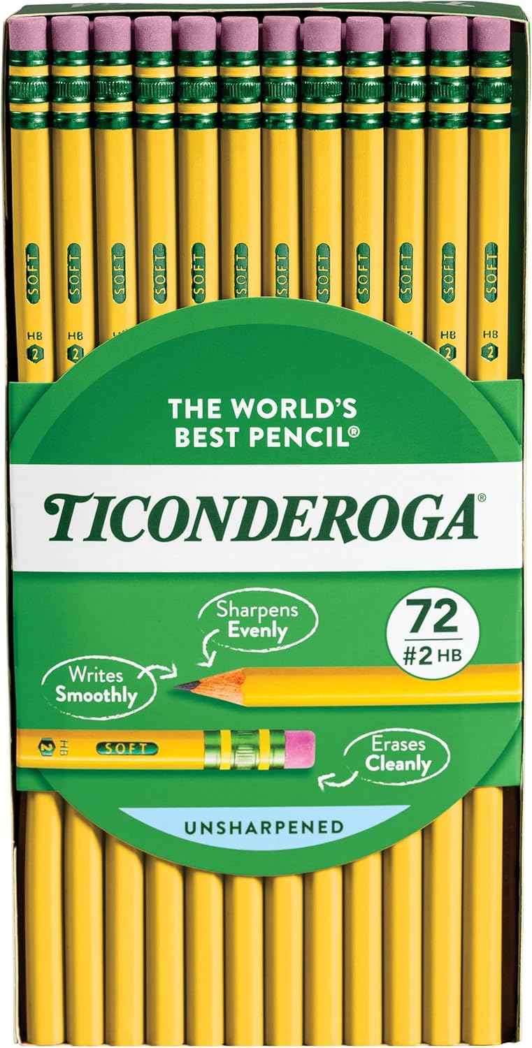 Ticonderoga Wood-Cased Pencils. Unsharpened. 2 HB Soft. Yellow. 72 Count