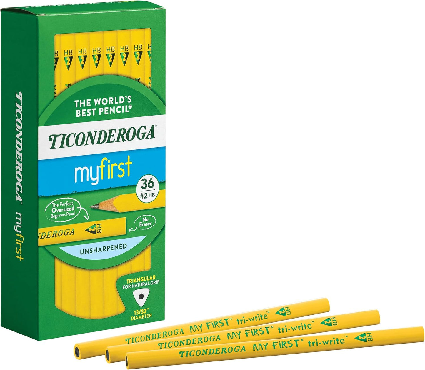 Ticonderoga My First Tri-Write Wood-Cased Pencils. Unsharpened. 2 HB Soft. Without Erasers. Yellow. 36 Count