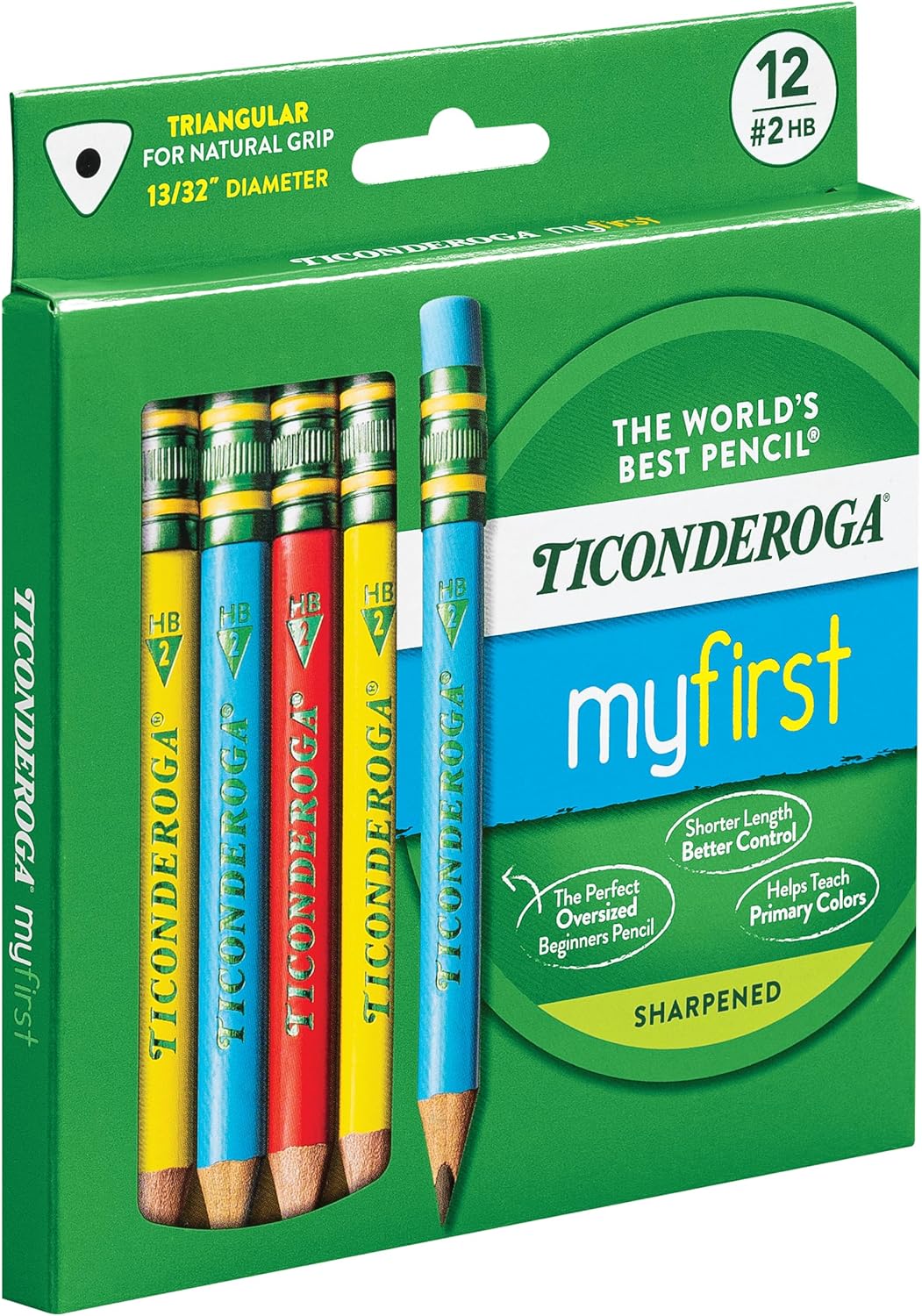 Ticonderoga My First Short Triangular Wood-Cased Pencils. #2 HB Soft. With Erasers. Primary Colors. 12 Count