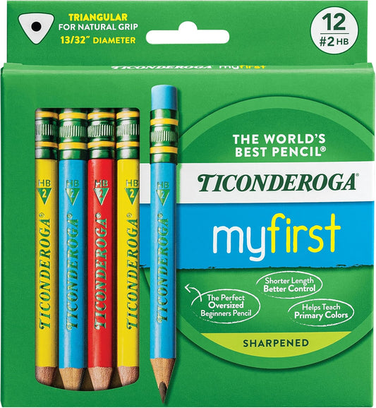Ticonderoga My First Short Triangular Wood-Cased Pencils. #2 HB Soft. With Erasers. Primary Colors. 12 Count