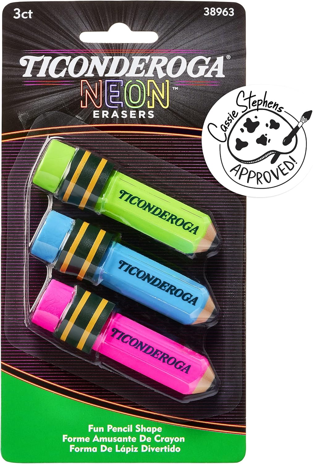 Ticonderoga Pencil Shaped Erasers. Neon Colors. 3 Count
