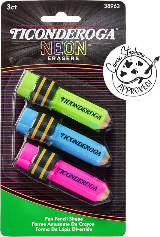 Ticonderoga Pencil Shaped Erasers. Neon Colors. 3 Count